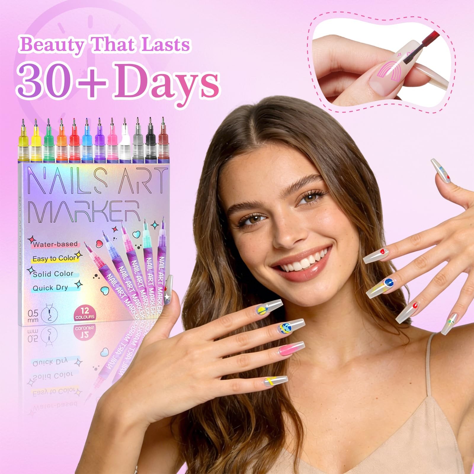 12 Colors Nail Art Marker Pens Set, Nail Markers for Nail Art, Suitable for N…