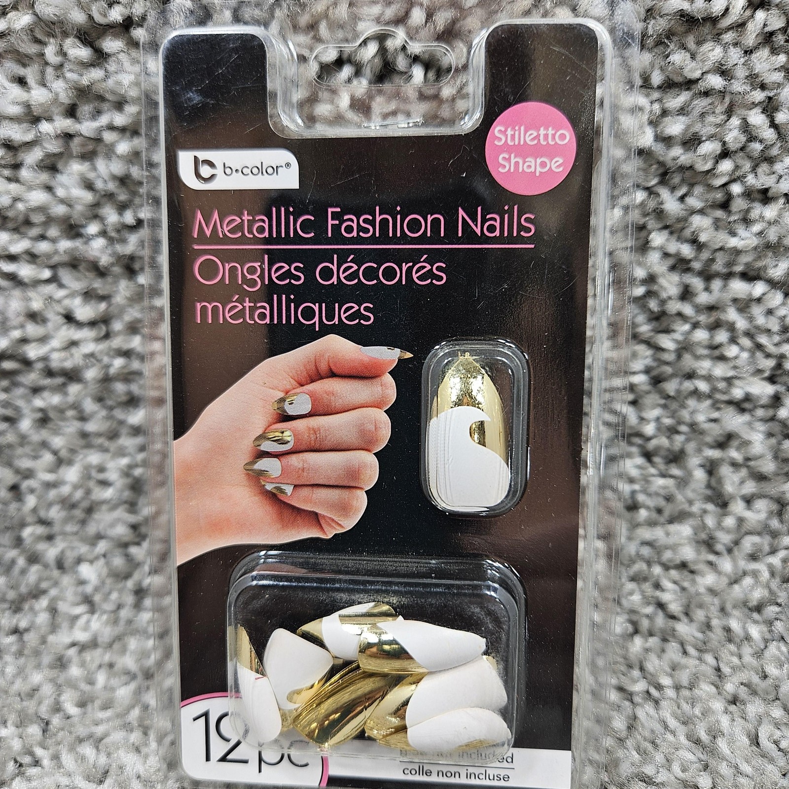 B-Color Metallic Fashion Nails Set 3 Pack Stiletto Shape 12pc Glue On Gold Tips