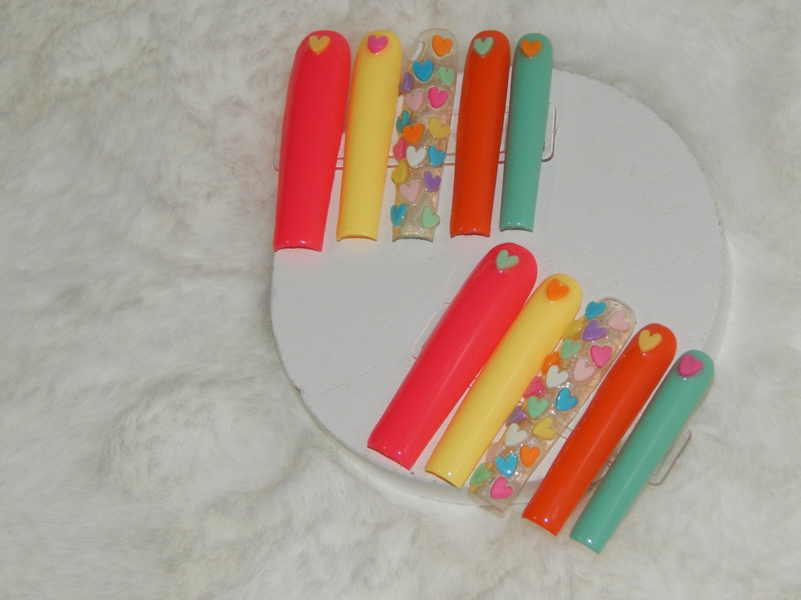 Luxury Handmade Press-On Nails I Reusable I Colorful Hearts I Square Shape l 3XL