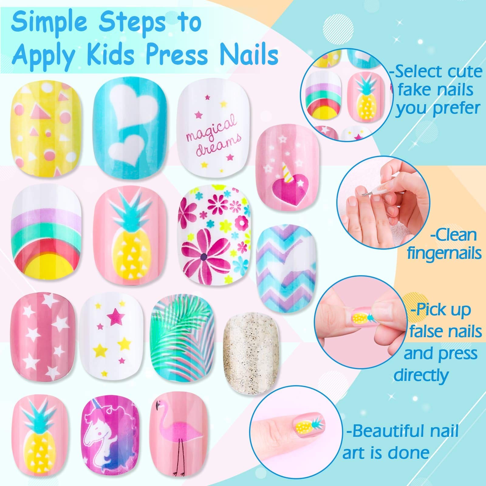 Girls Press On Nails Fake False Acrylic Pre Glued Full Cover Non Toxic 144 PCS R
