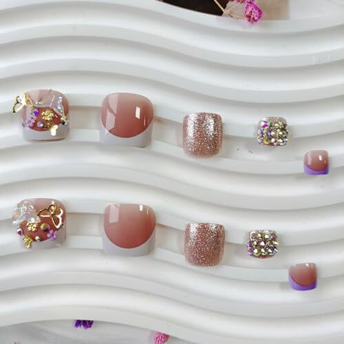 White French Tip Press on Toenails Short Square Fake Toe Nails with Gold style6