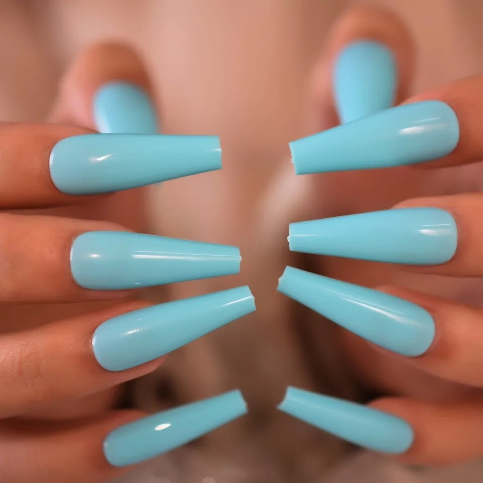 24 Blue glossy press on nails kit glue teal aqua light raver bright
