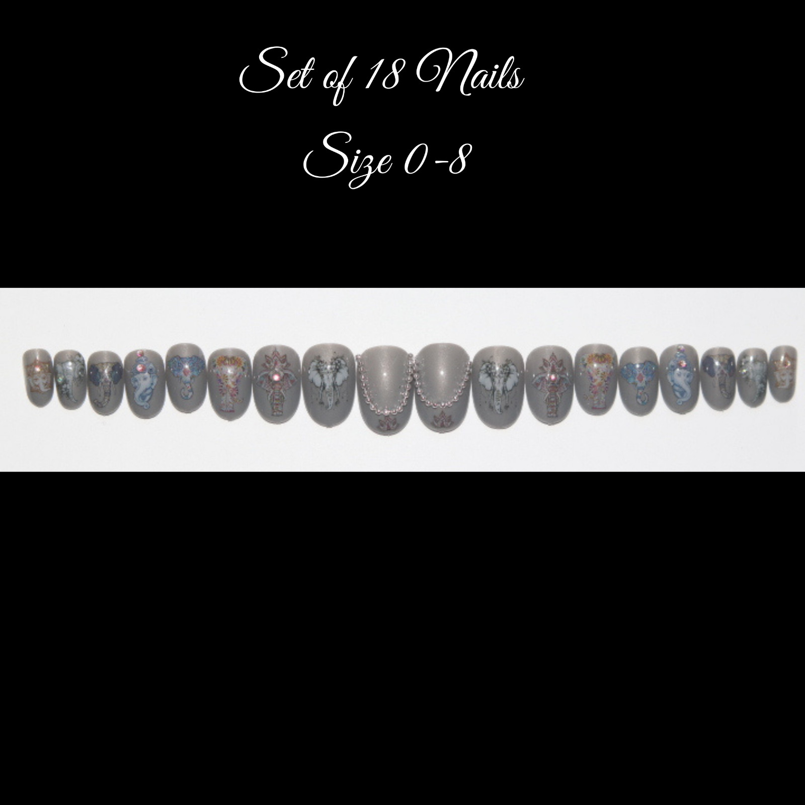 Elegant Elephants – press on nail set- (Set of 18 sizes 0-8) Short Oval