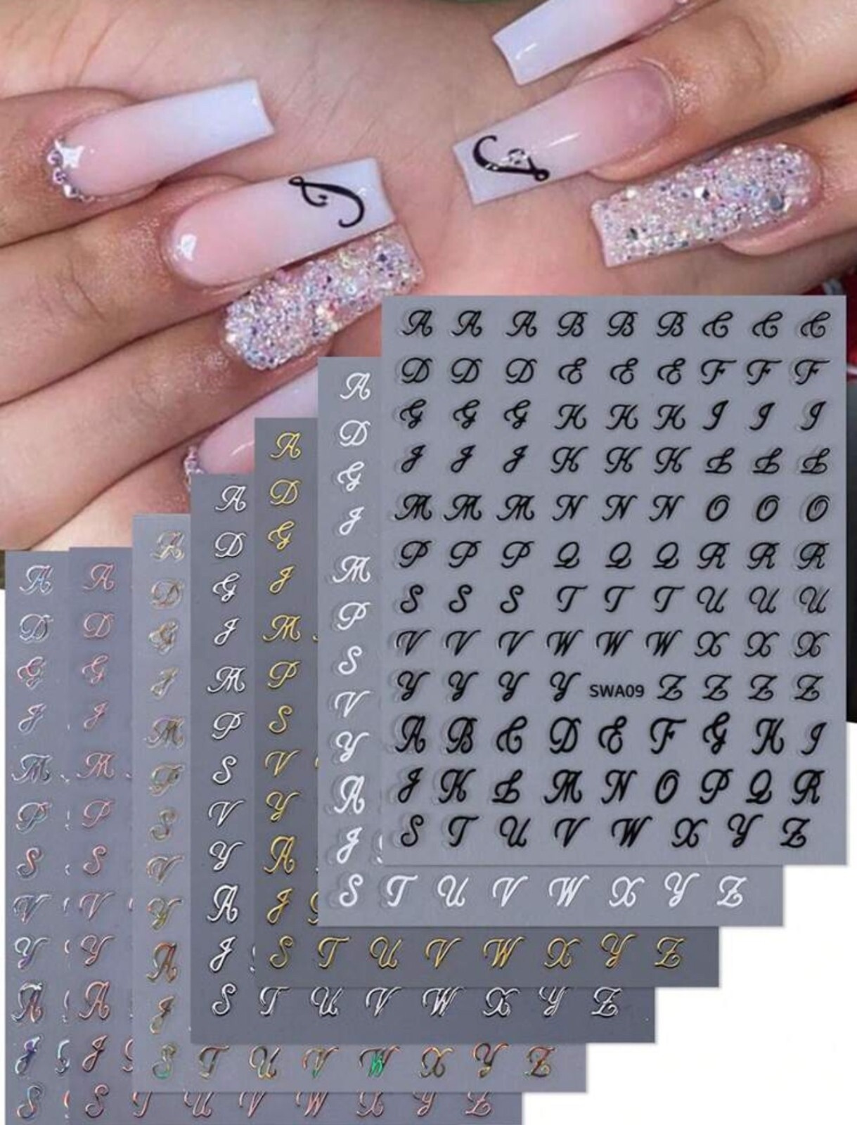 Nail Art Stickers Decals English Alphabet Letters Rose Gold Silver Black SWA09