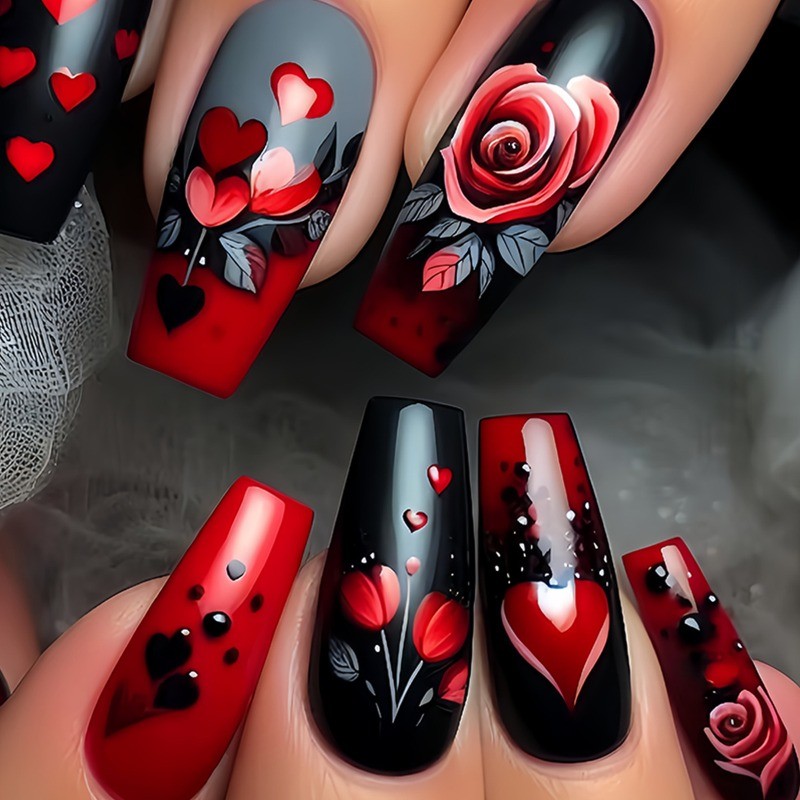 48 PCS of ballet rose heart red and black polka dots suitable for women’s nail