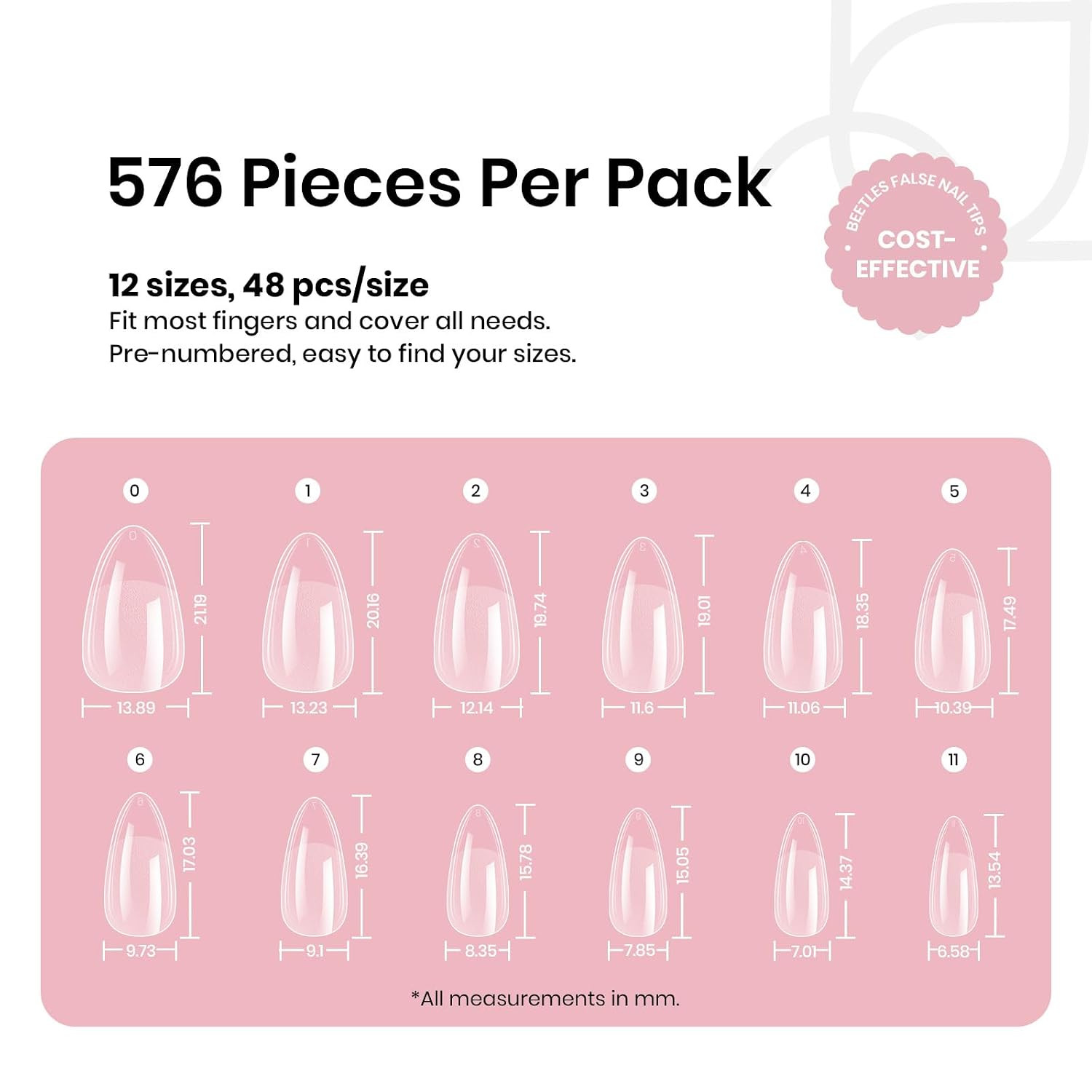Gel Nail Tips 576Pcs Short Almond Etch-X Nail Tips 12 Sizes | Pre-Shape Soft Acr