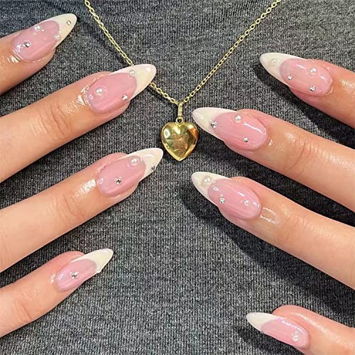 French Tips Press on Nails Almond Shaped White Fake Nails with Nude White-B01
