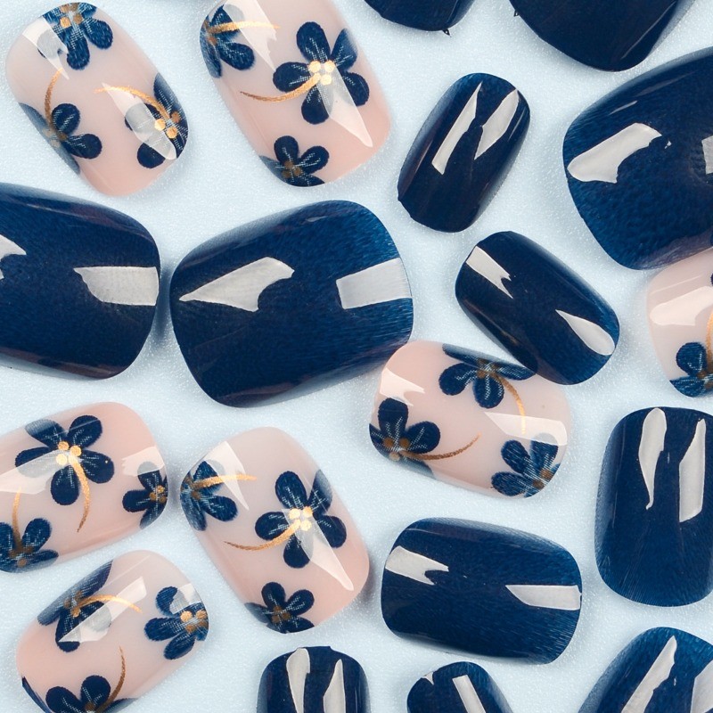 48PCS Retro Pink Base Blue Flower Gold Thread Nail Pressing Reusable Fake Nail
