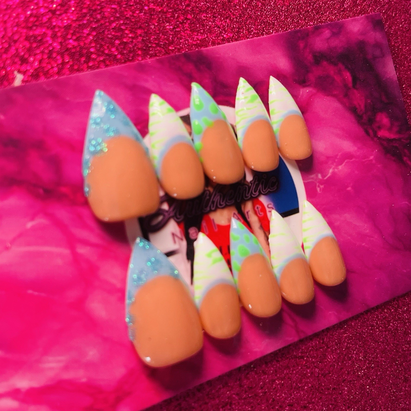 Authentic Nail Arts by Dia Long Stiletto Press-On Nails Nude Blue Green Glossy