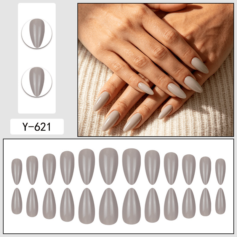 48pcs Medium Almond Press On Nails, Misty Gray Nude Glossy Solid Color