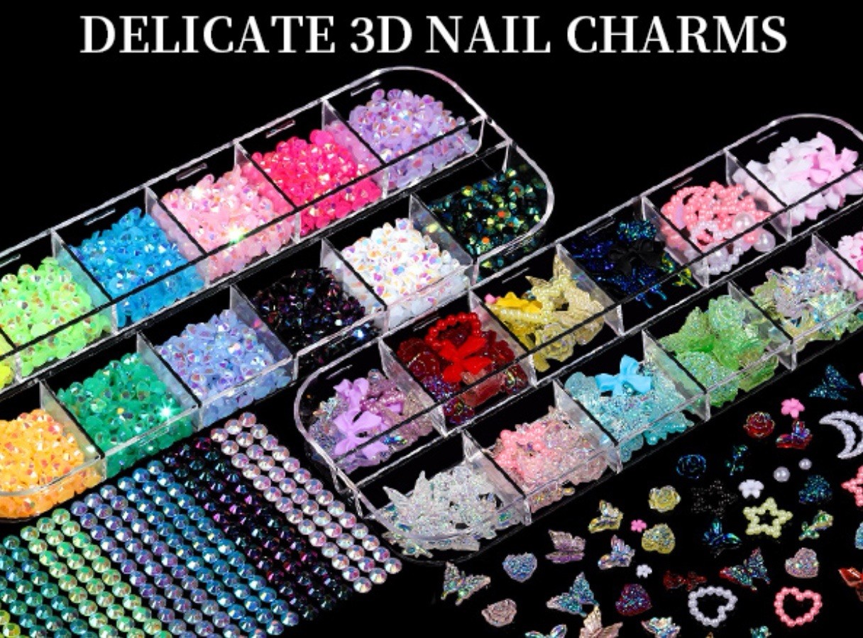 Nail Charms, Nail Rhinestones Kit with 8 Boxes of Nail Gems, 3D Charms for Nails