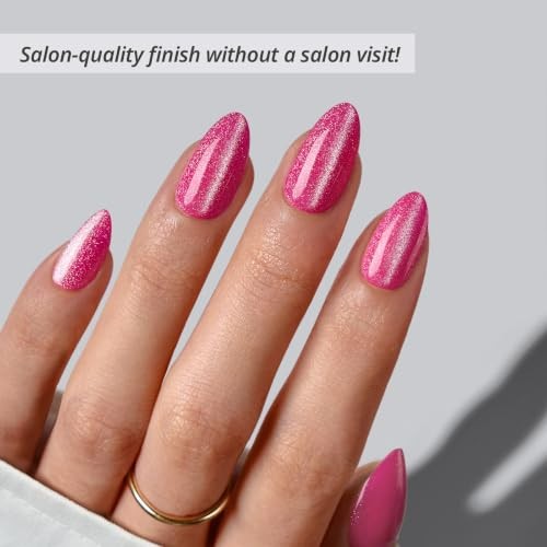 Press On Nails Almond, Short, Glitter Pink, 32Ct | 2+ Week Wear, Stardust Pink