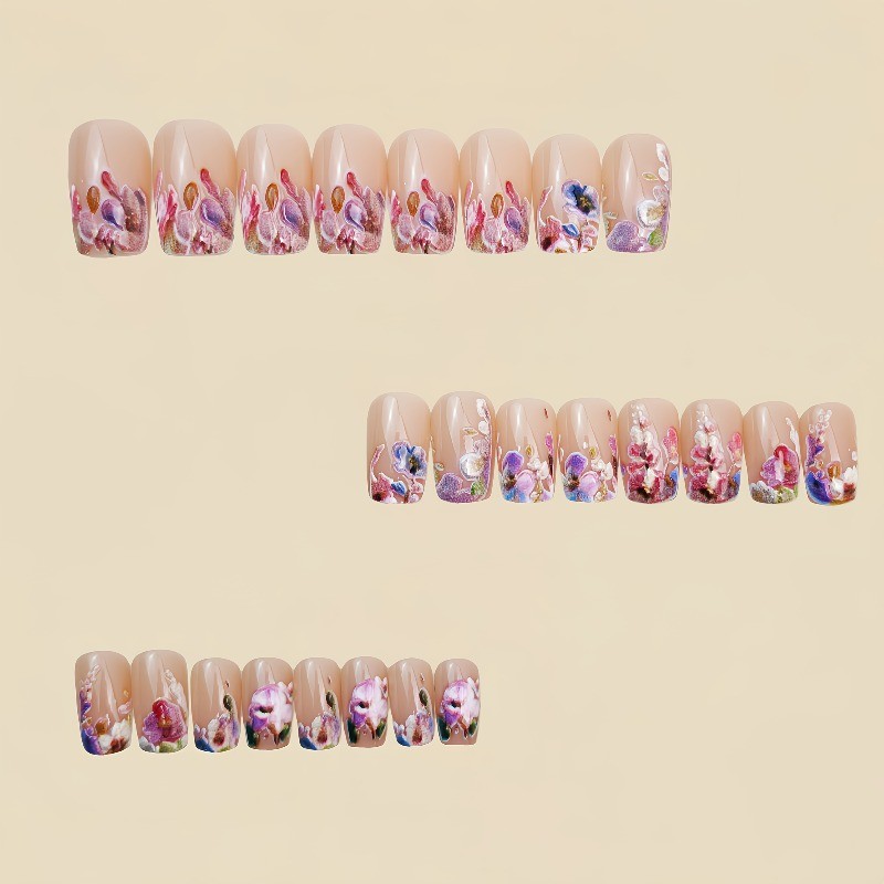 48Pcs-Clear Base Fake Nails Medium Square Vintage Watercolor Flower Daily Decor