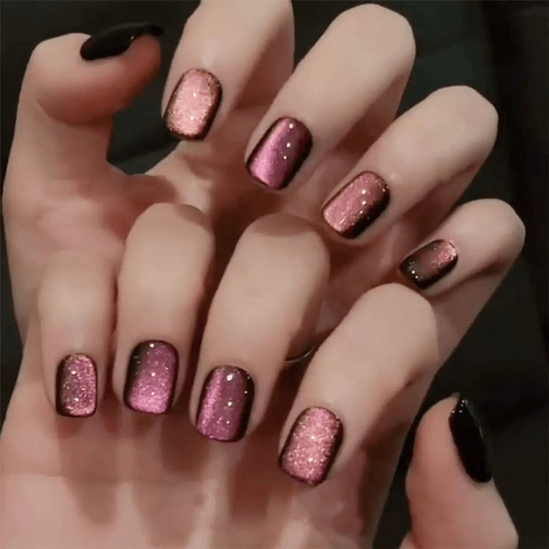 48 Pcs Pink Glitter Cat Eye Short Square Press on Nails, Vintage Cool Fake Nails