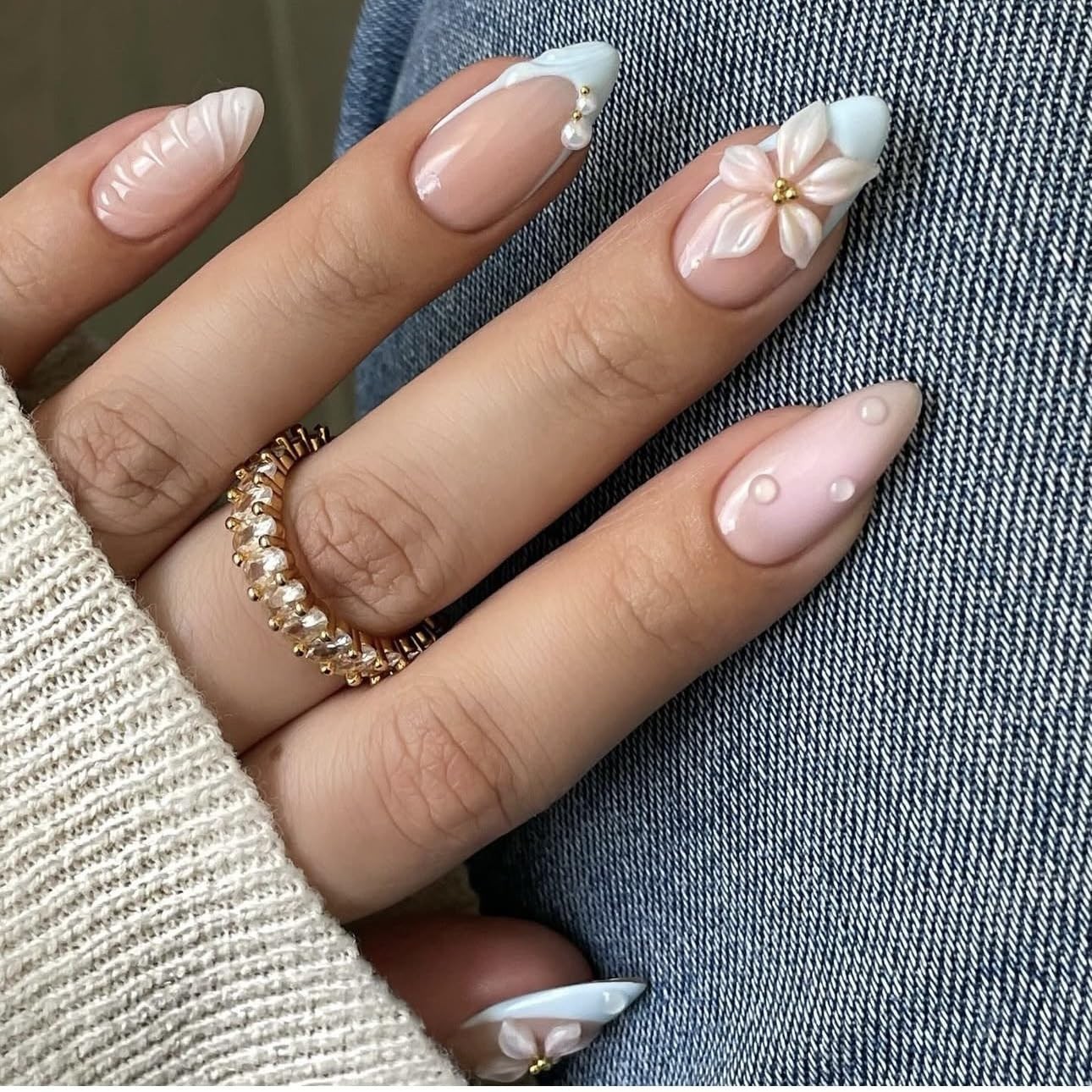 Almond Flower Pearl Press on Nails – Medium 3D Fake Nails with French Tip Des…