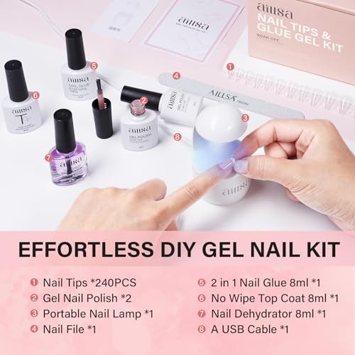 240pcs Short Coffin Nail Tips & Glue Gel Kit, 2-in-1 Base Coat, UV Top Coat, DIY