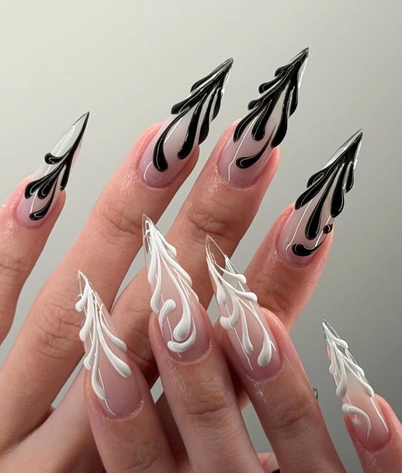 Luxury Extra Long Stiletto Press On Nails Black White Gel Fake Nails Glue On