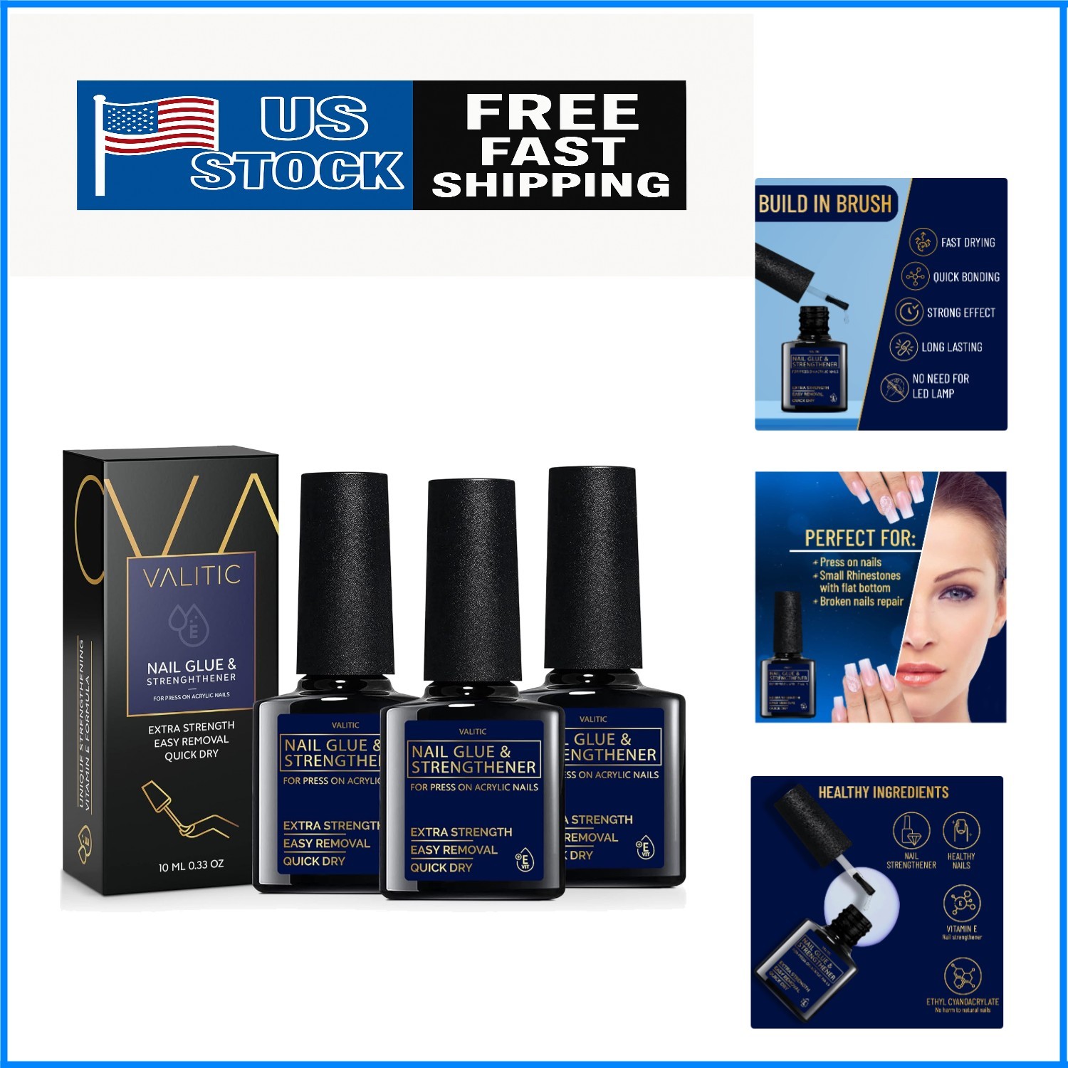 Extra Strong Brush On Nail Adhesive with Vitamin E for Instant Manicure – 3 Pack