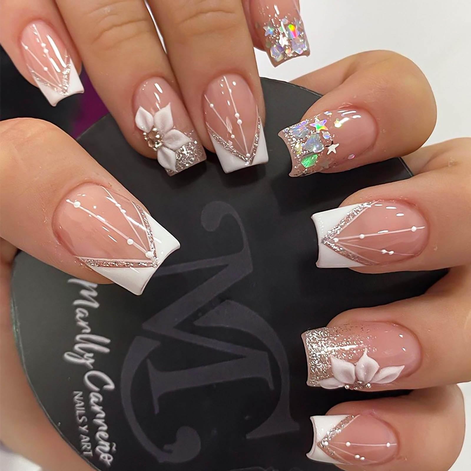 Square Press-on Nails – White French Tip Fake Nails with Glitter Designs, Med…