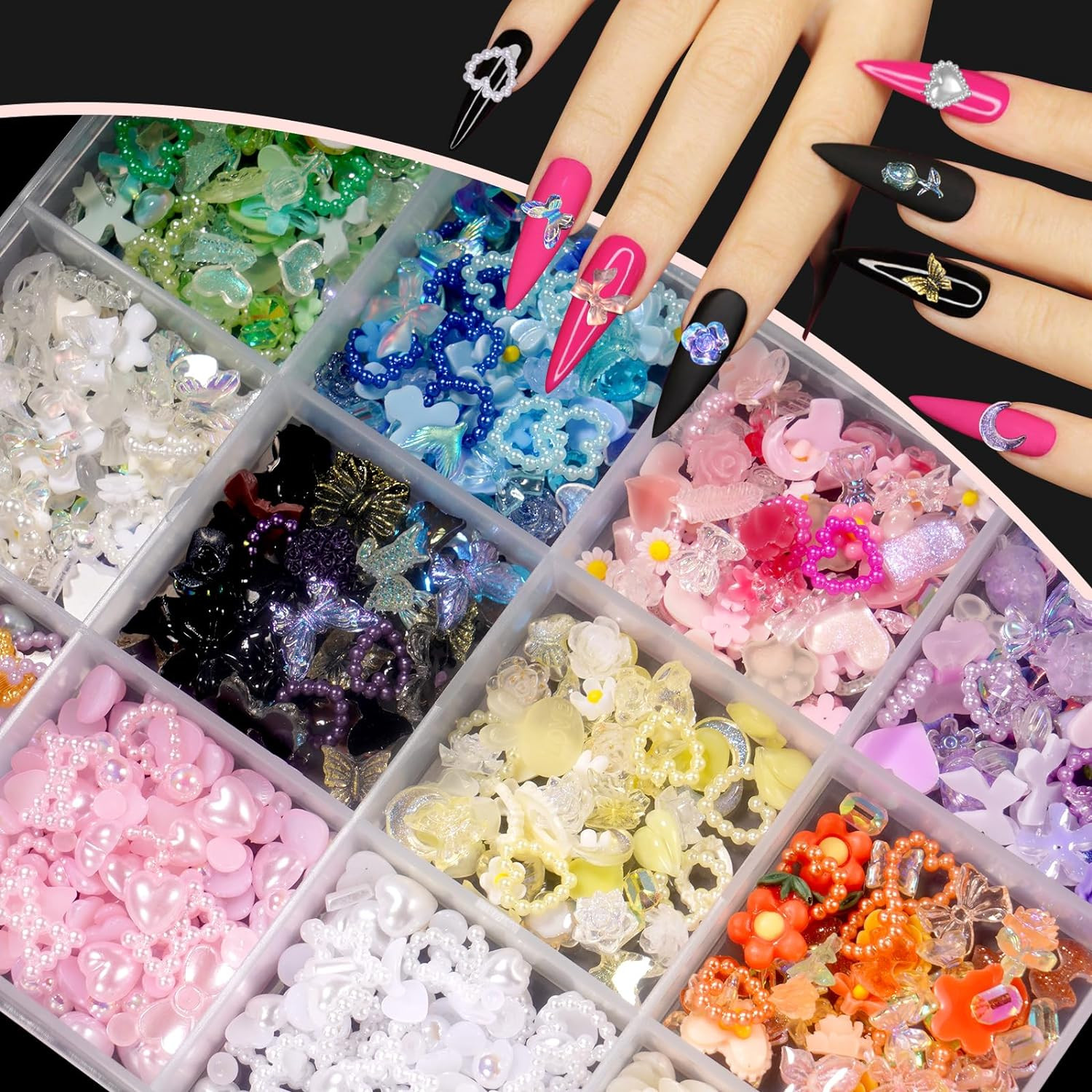 3D Mix Assorted Color Nail Charms, Acrylic Multi Blue Purple White Heart Flower