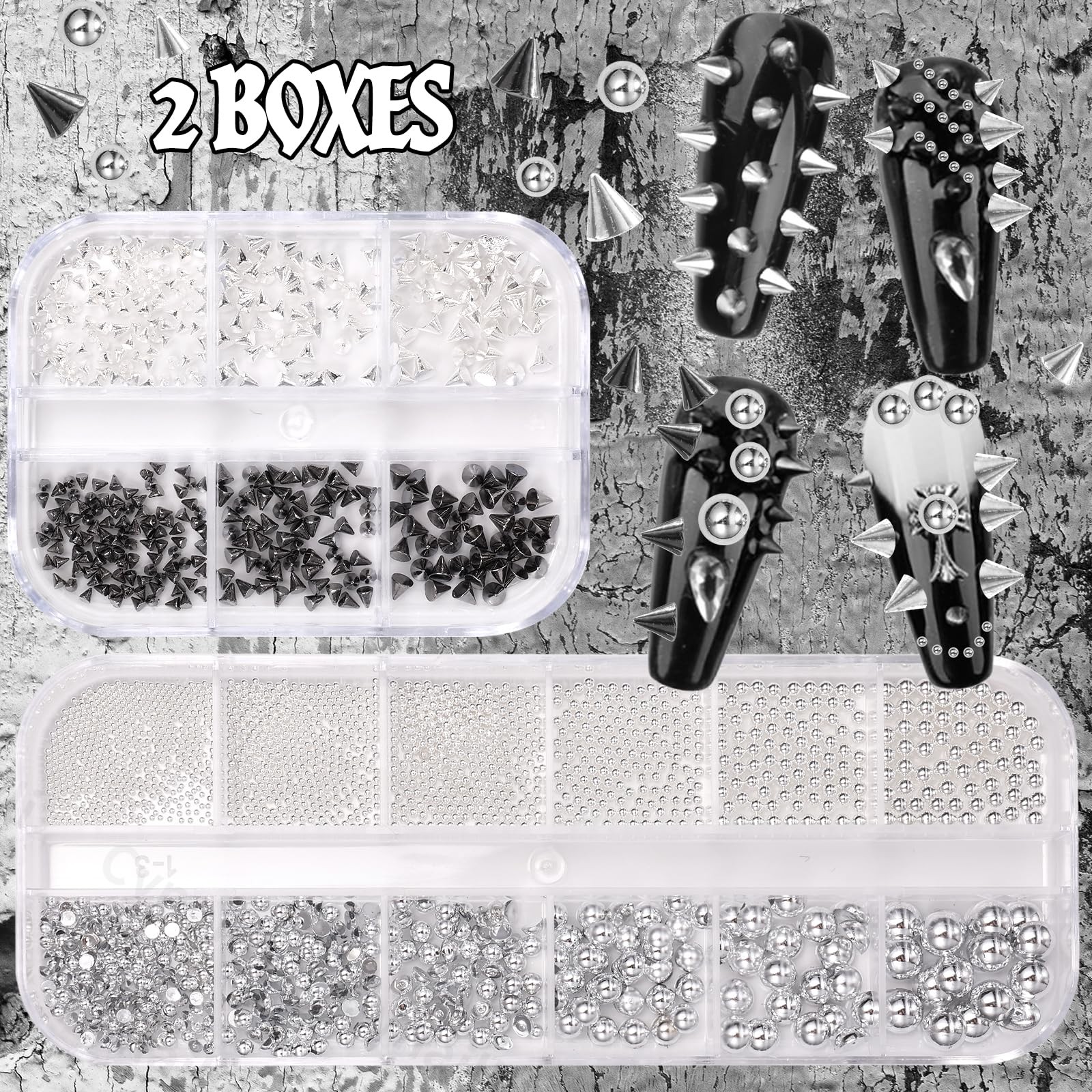 Black Silver Punk Spike Nail Charms Caviar Beads Gothic Metal Studs Rivet
