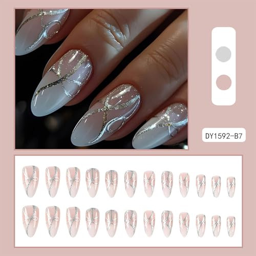 Press on Nails Short,Almond Fake Nails,White Gradient Full Cover Glue style18