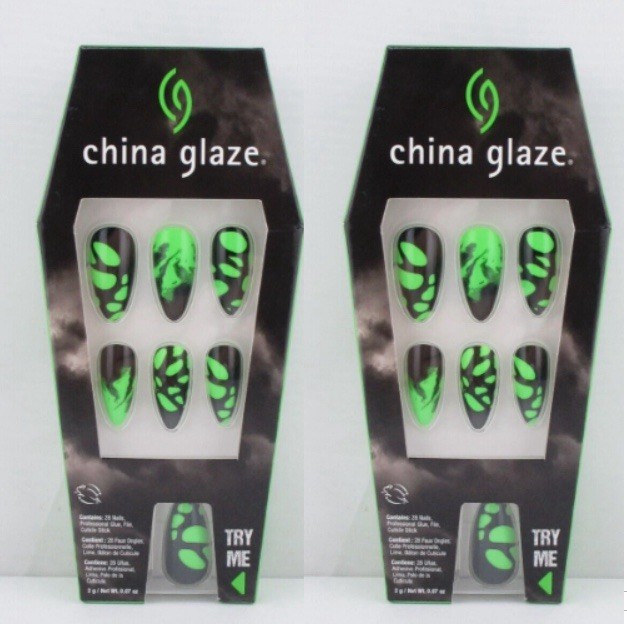 China Glaze Nail Tips SCAREDY CAT Green & black, Glue-On Nails w/Glue 28ct, 2 PK