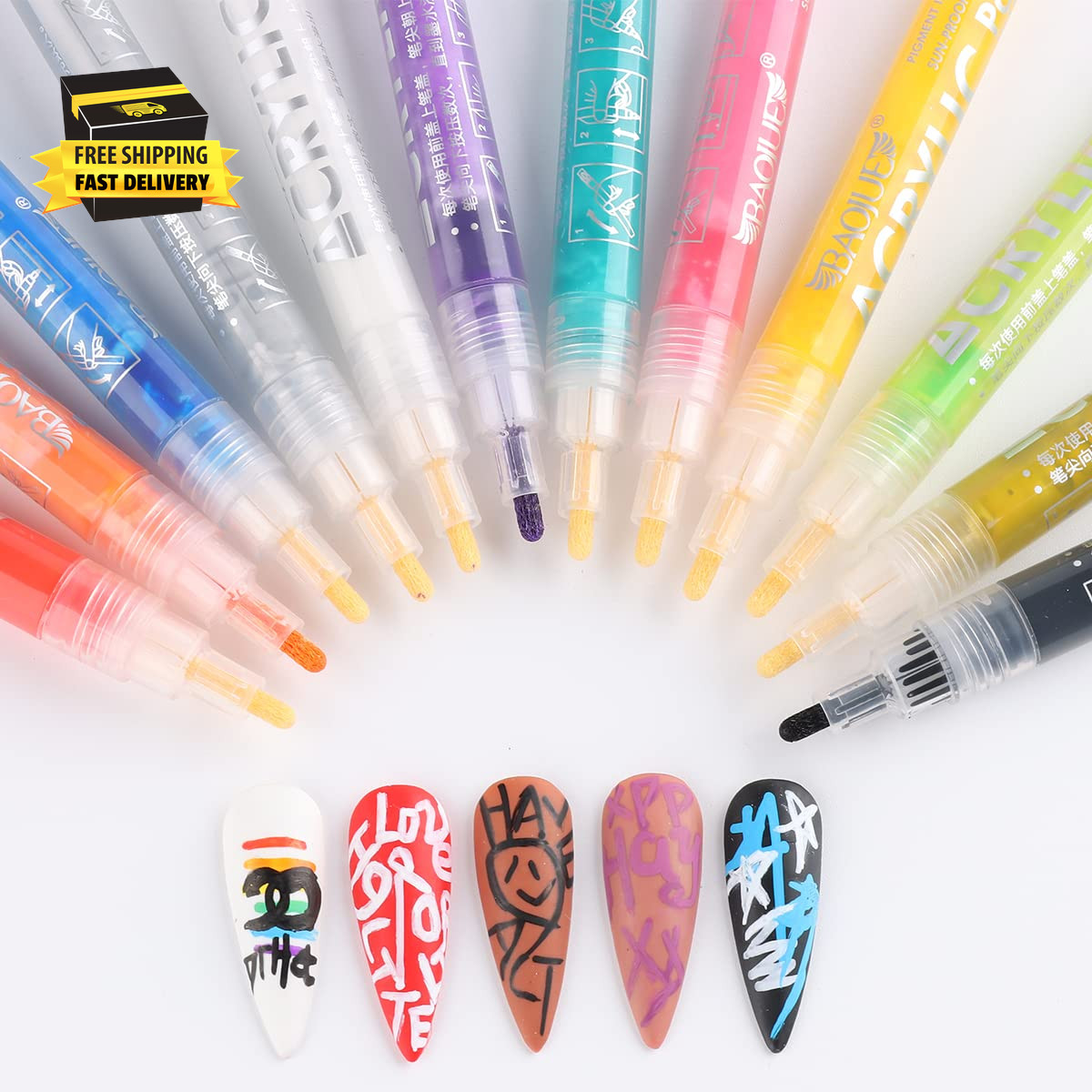 Nail Art Graffiti Pen Set 12Pcs Waterproof Drawing Markers Neon Enamels Black Wh