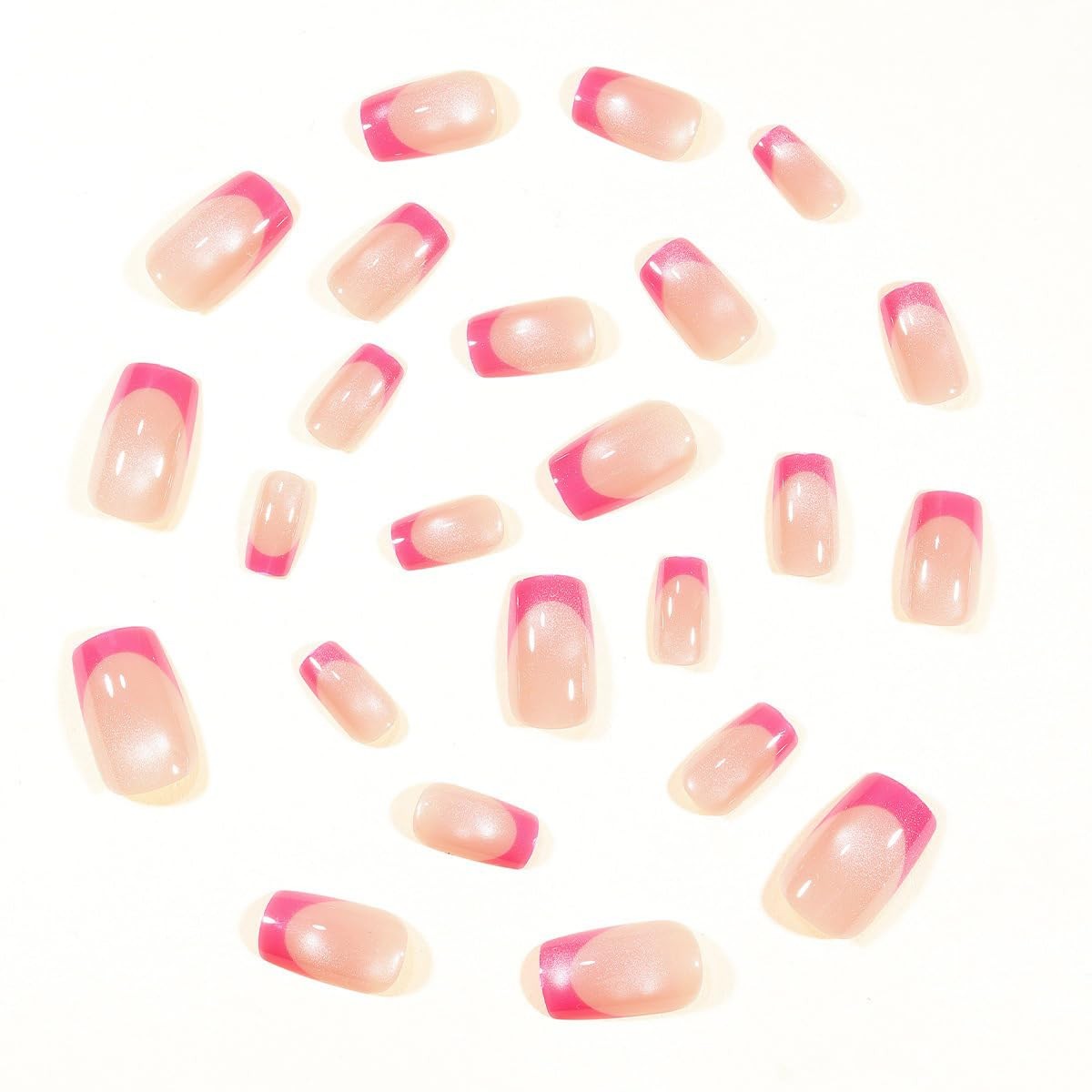 Glossy Glitter Press on Nails Hot Pink French Tip Fake Nails Medium Length Sq…