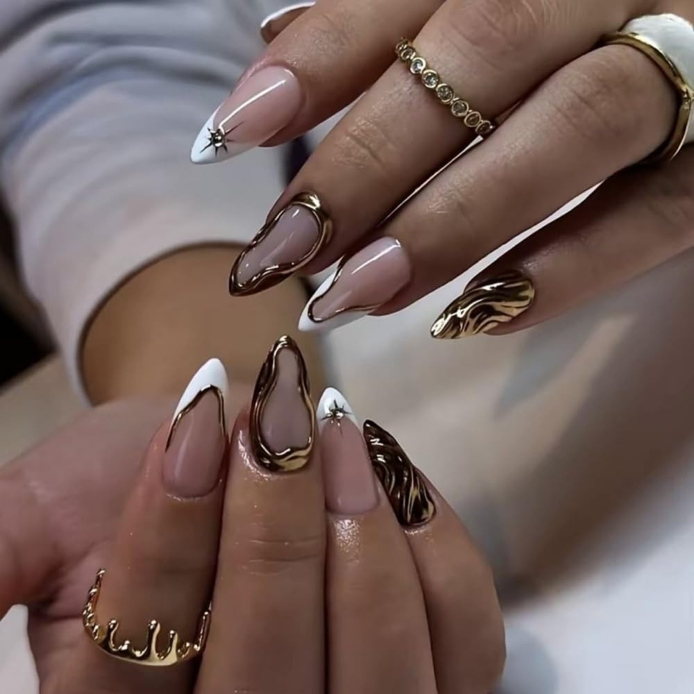 Medium Almond Press on Nails French Tips Nails Press on with 5D Star Charm Desig