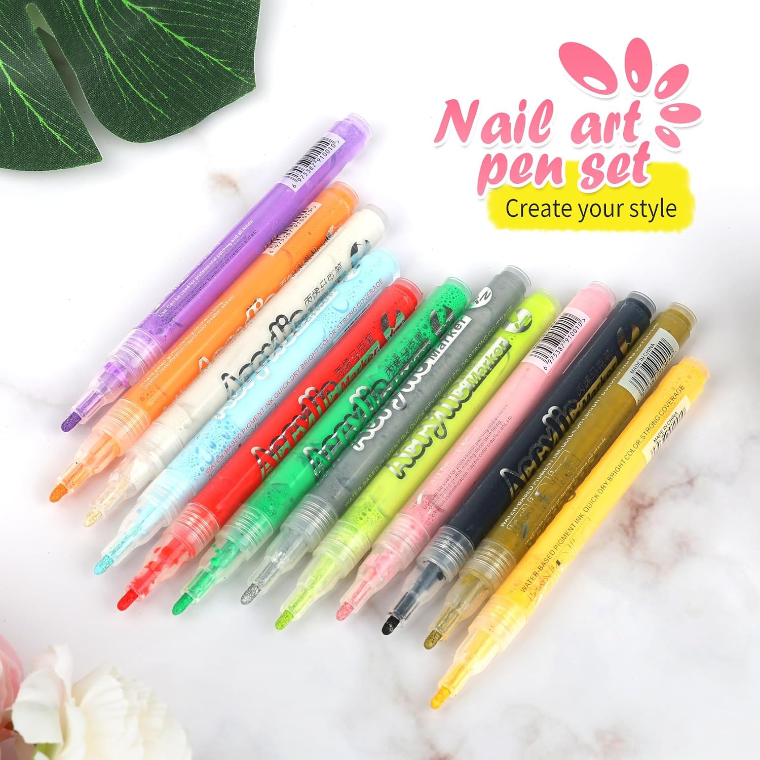 Nail Art Pens for Painting Nails,12 Colors Nail Polish Pens Quick Dry,3D Acrylic