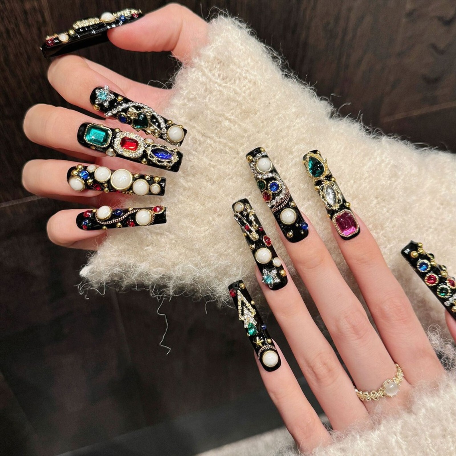 10PC Handmade 3D Nail Rhinestone Multicolor False Nail Long Square Press On Nail