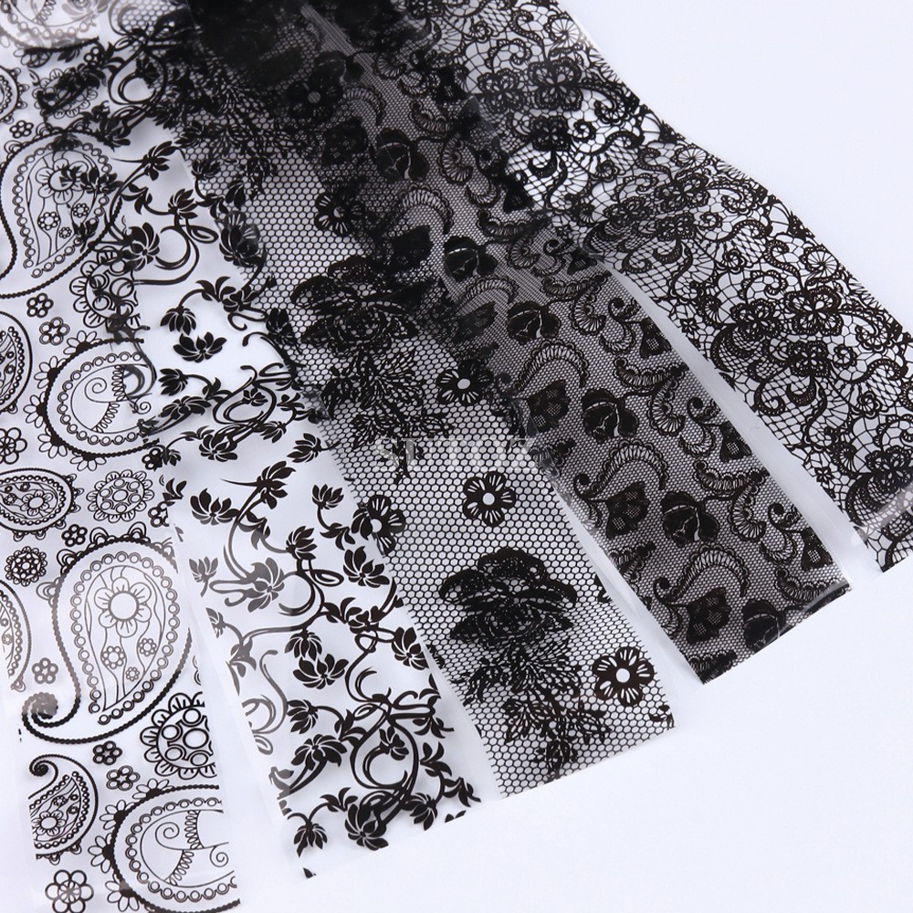 10Pcs Retro Black White Flower Lace Foils Nail Art Transfer Stickers Decals NH30