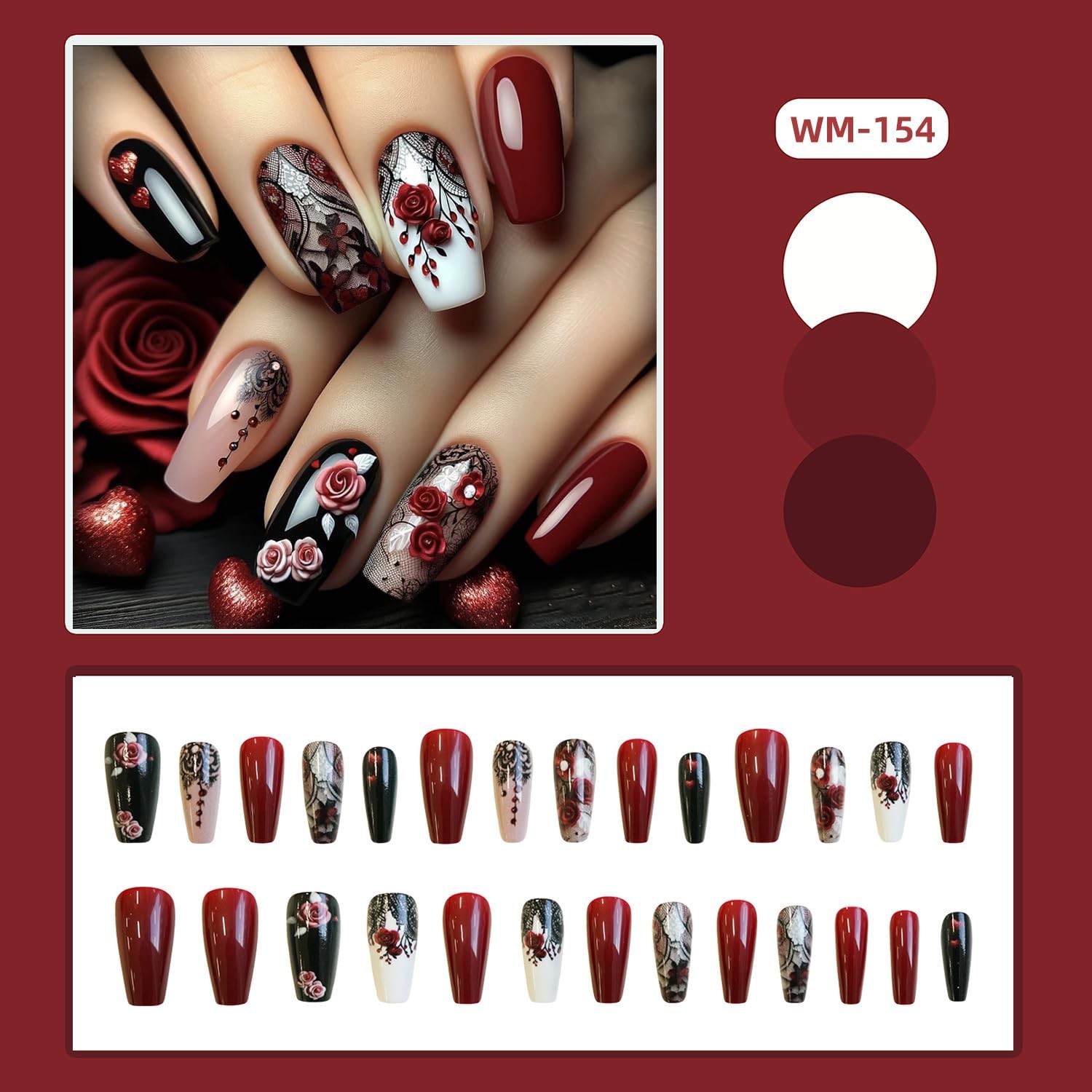 24Pcs Flower False Nails Red Press on Medium 1 Fl Oz (Pack of 1), Multi