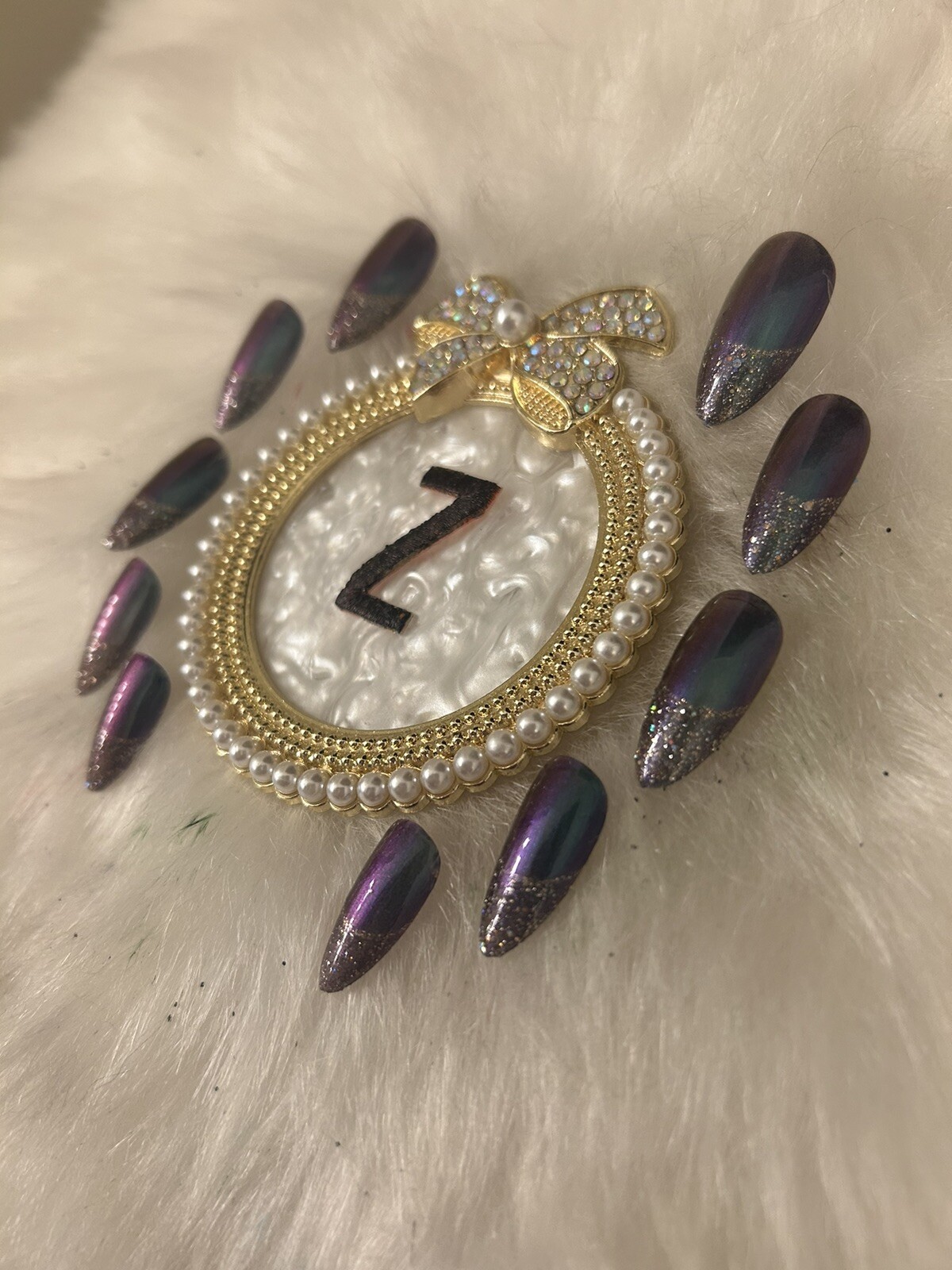 Z NAILZ! Gorgeous Handmade M Almond Green, Purple & Gold Reflective Press Ons