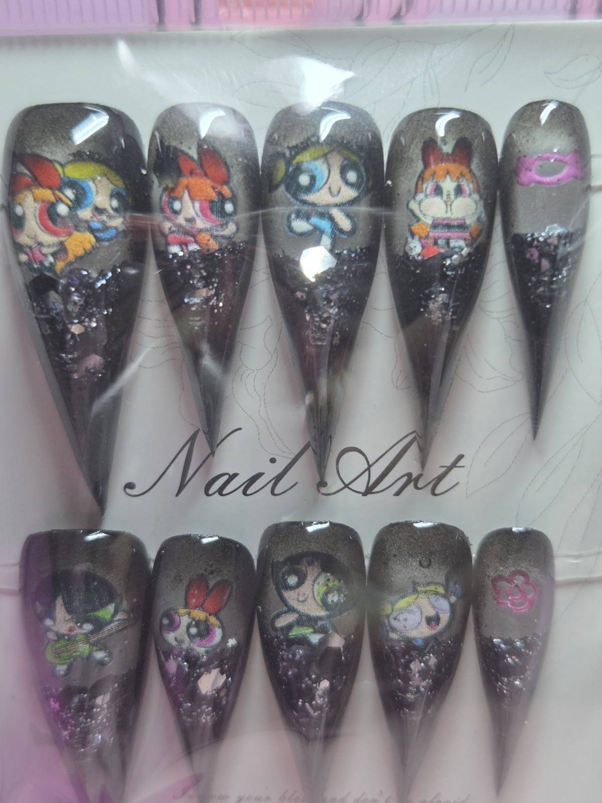 Press On Nails Handmade Large Claw, Black, Power Puff Girl, Water Aqua Nails