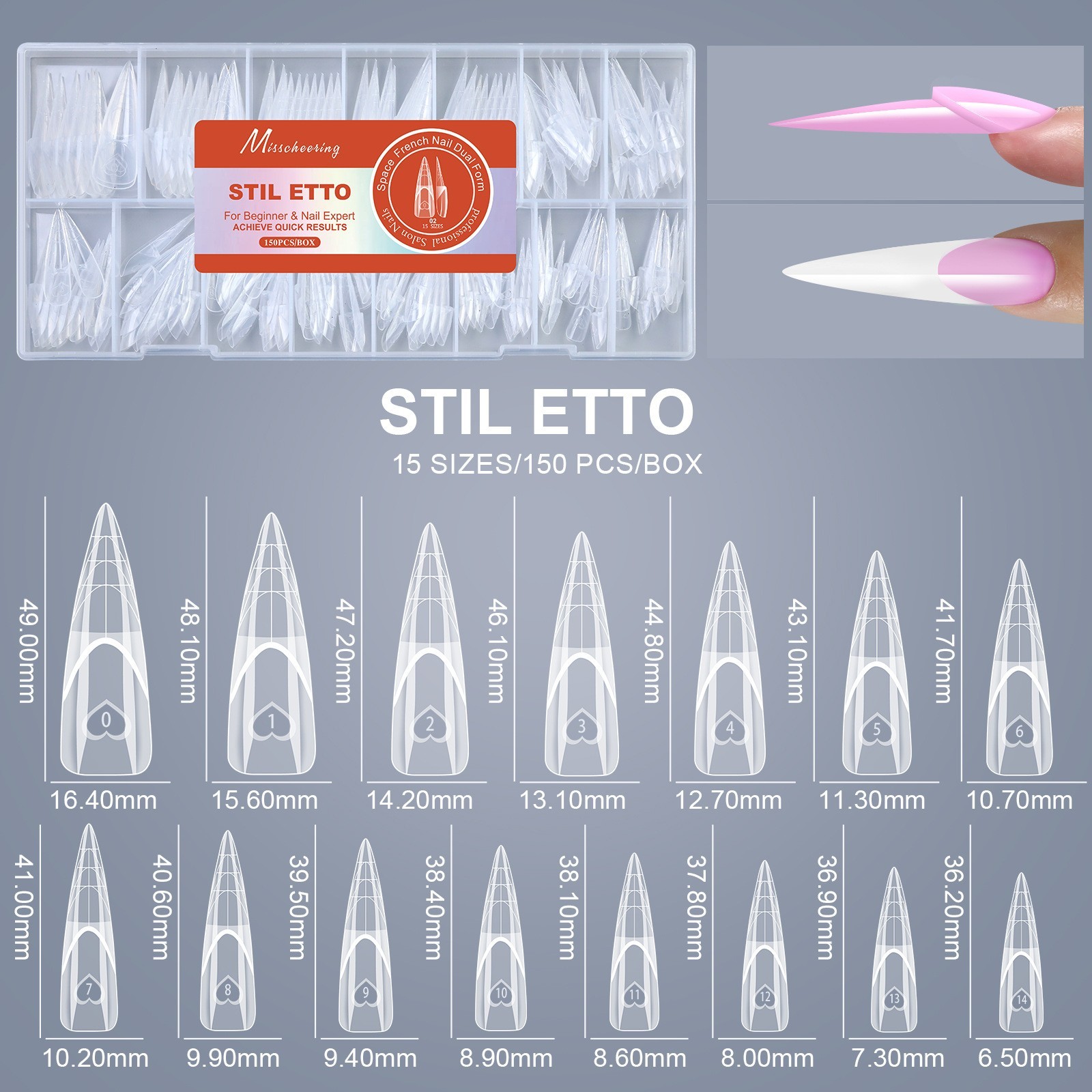 Stiletto Square French Nail Forms 150PCS/Box Nail Art Extension Tips with Scale
