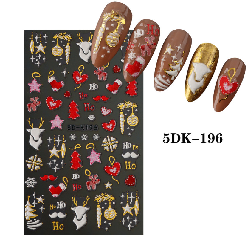 Christmas New Year 5D Embossed Reindeer Tree Star Heart Nail Art Stickers Decals