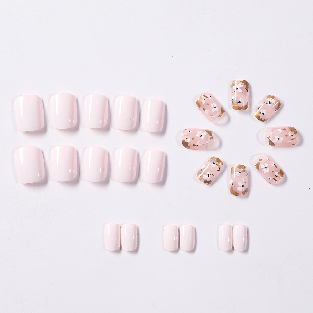 24Pcs Multicolor Floral Round Square Head Acrylic Full Cover Tips Press On Nails
