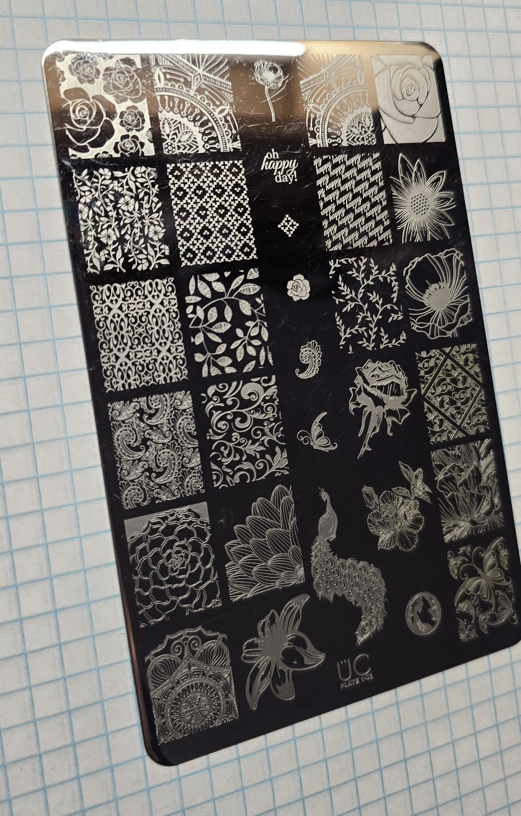UBER CHIC UC 1-02 Nail Stamp Plate UberChic Peacock Feather Floral Flower Floris