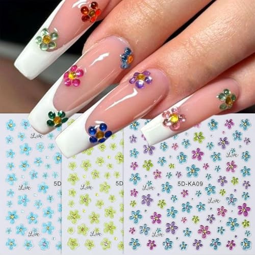 3 Sheets Spring Summer Flowers Nail Art Stickers Blue Green Purple Flowers