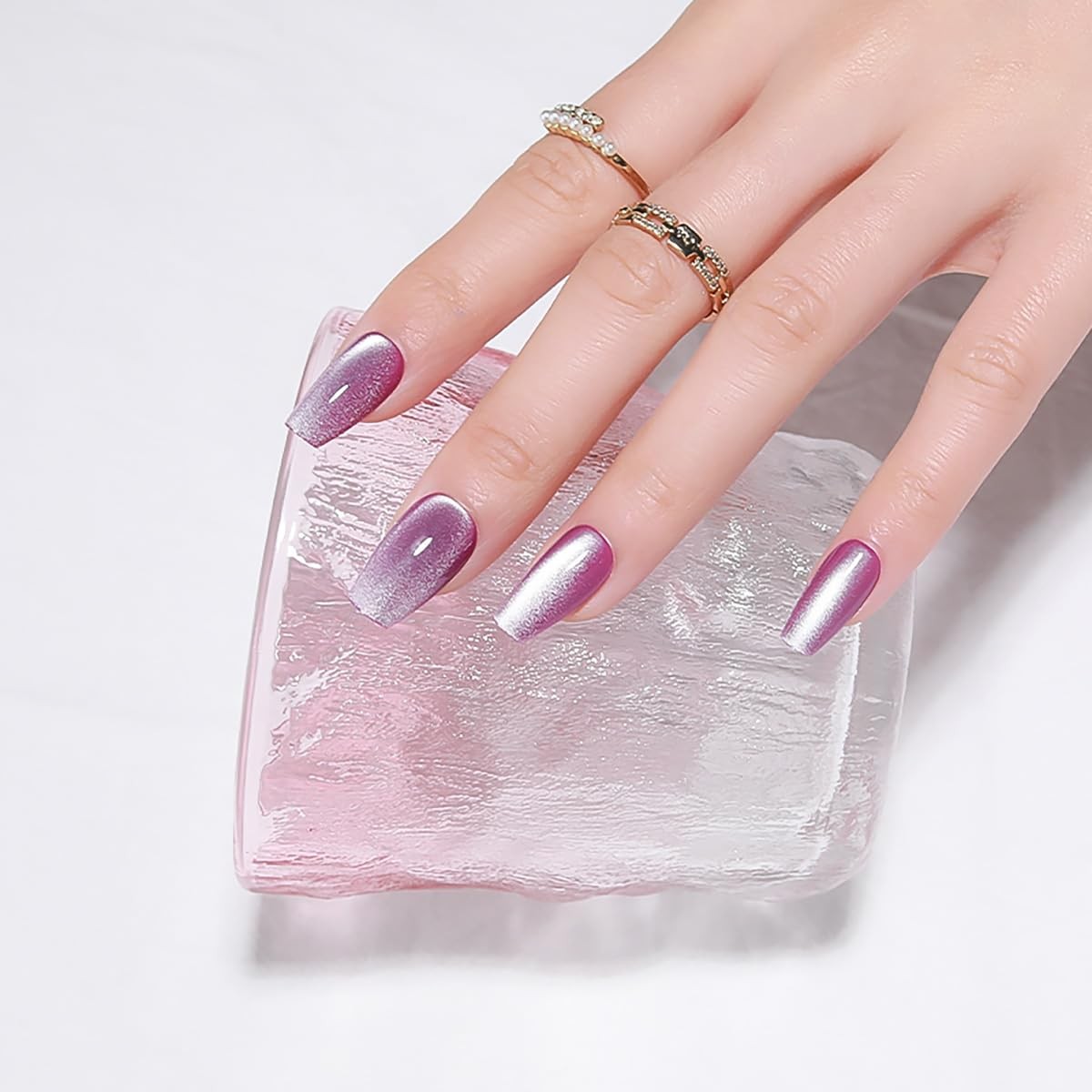 Fall Purple Medium Press On Nails, Cat Eye Coffin Short, C0-Moonlit Amethyst