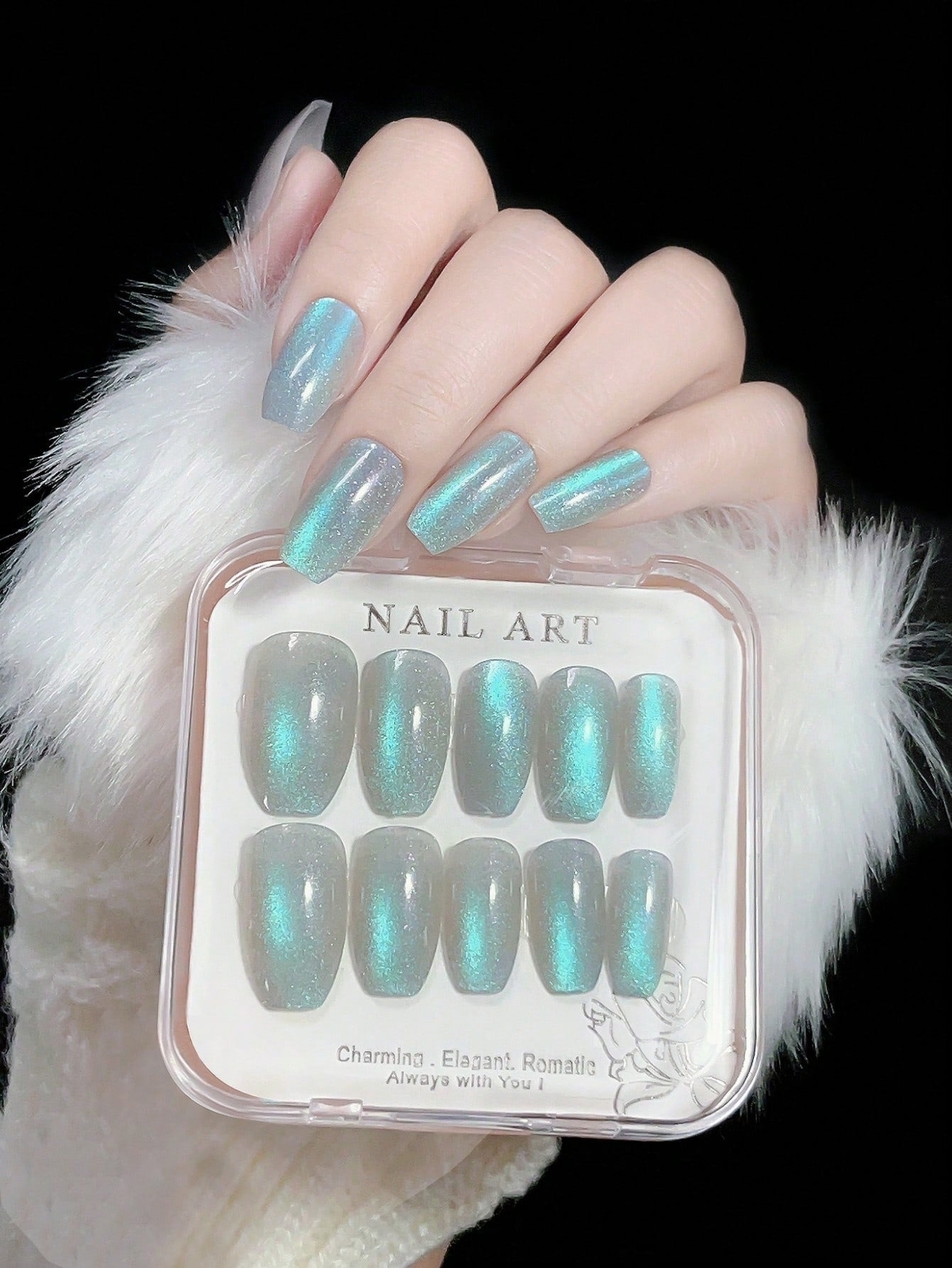 24pcs Short Coffin Blue-Green Glitter Cat Eye French Style Fake Nail Press On