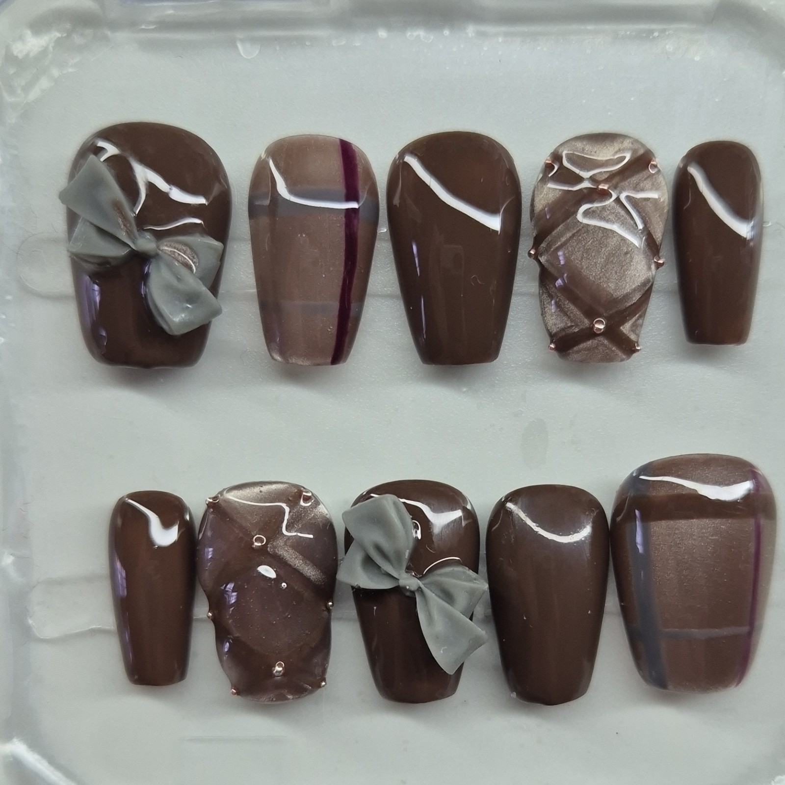 Brown Gray 3D Bow Square Oval Press-On Nails Set Pre-Designed Full Cover