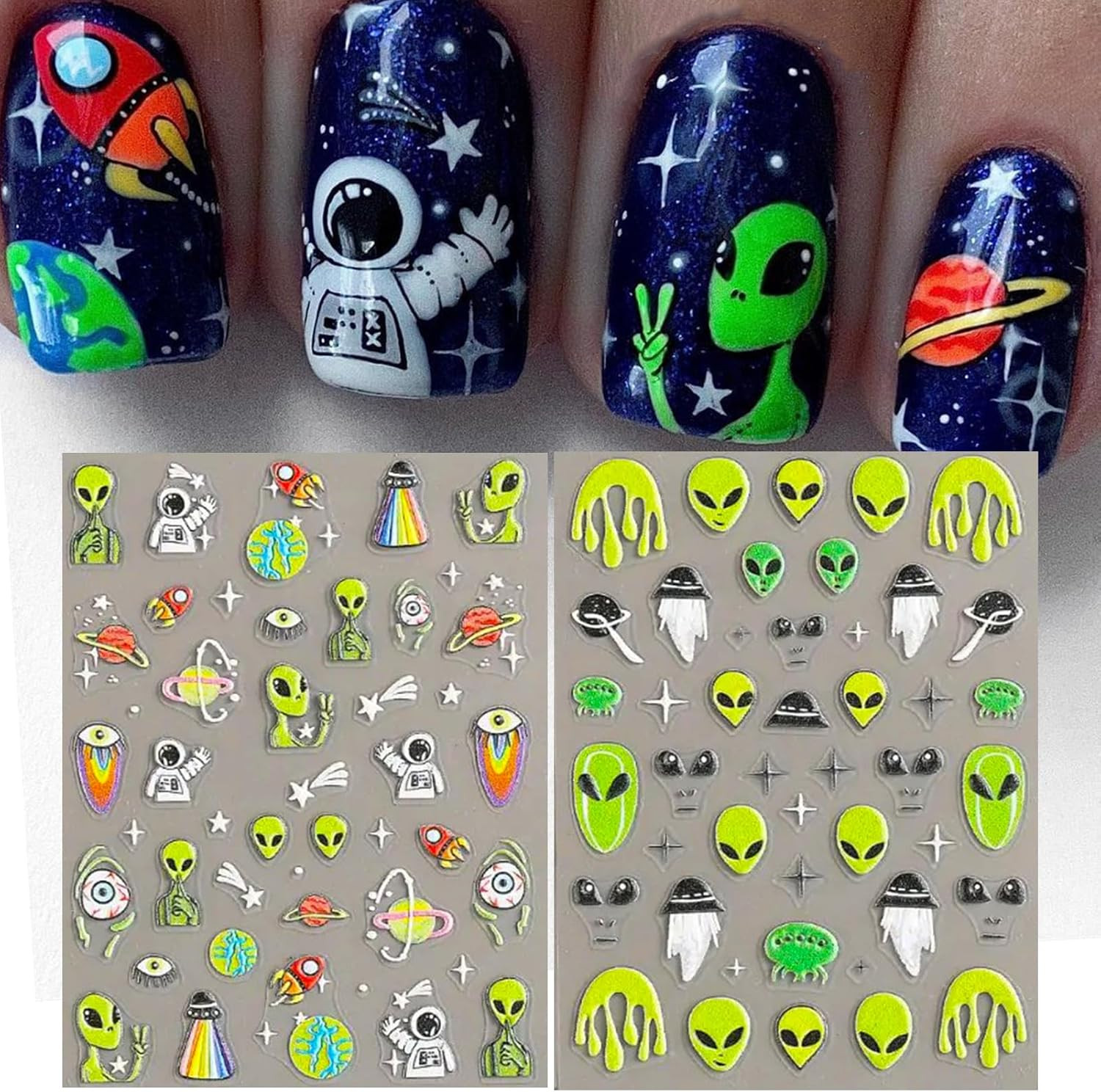 Embossed Alien Nail Art Stickers – 5D ET UFO Astronaut Rocket Design Self-Adhesi