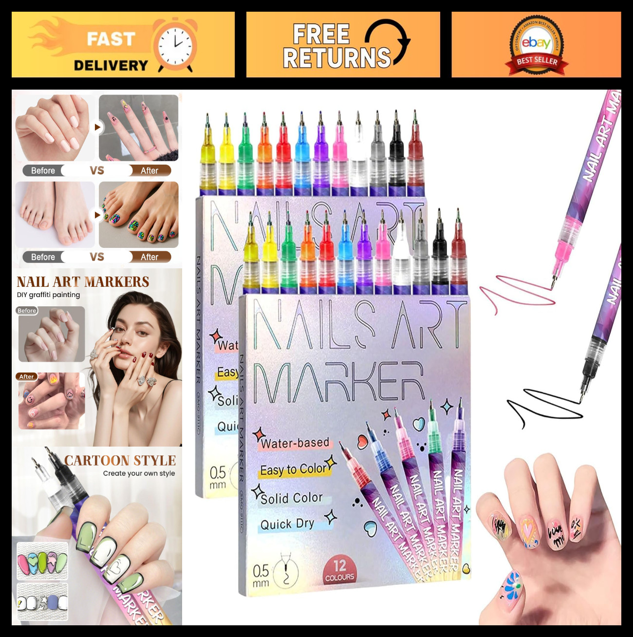 12 Colors Nail Art Pens Set – 3D Nail Art Markers, DIY Painting & Liner Brushes