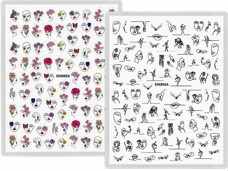 Abstract Contour Line Face Woman Flower Nail Sticker Autumn Leaf Heart