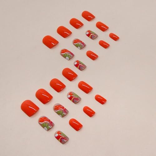 24Pcs Orange Press On Nails Short Square – WLGDLH Fake Nails Bright Design 1B1
