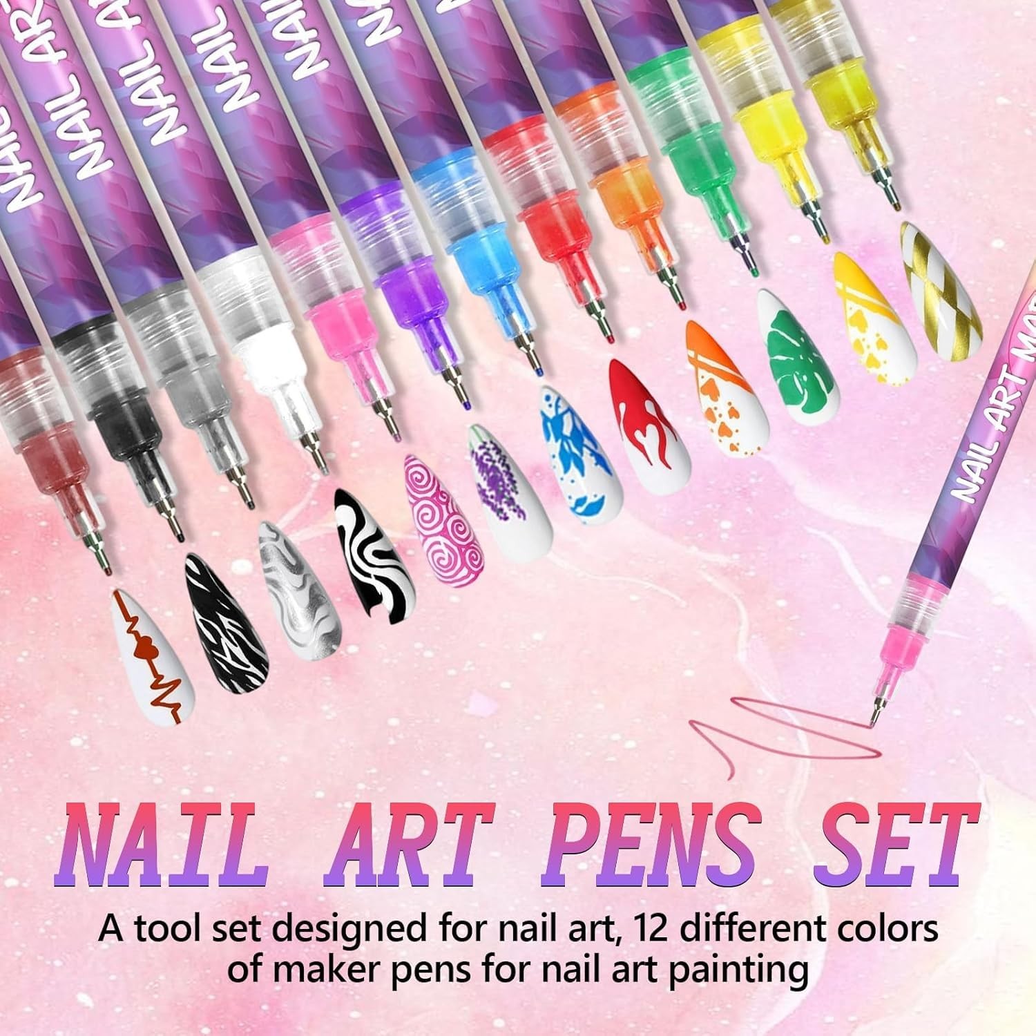 12 Colors Nail Art Marker Pens Set, Nail Markers for Nail Art, Suitable for N…