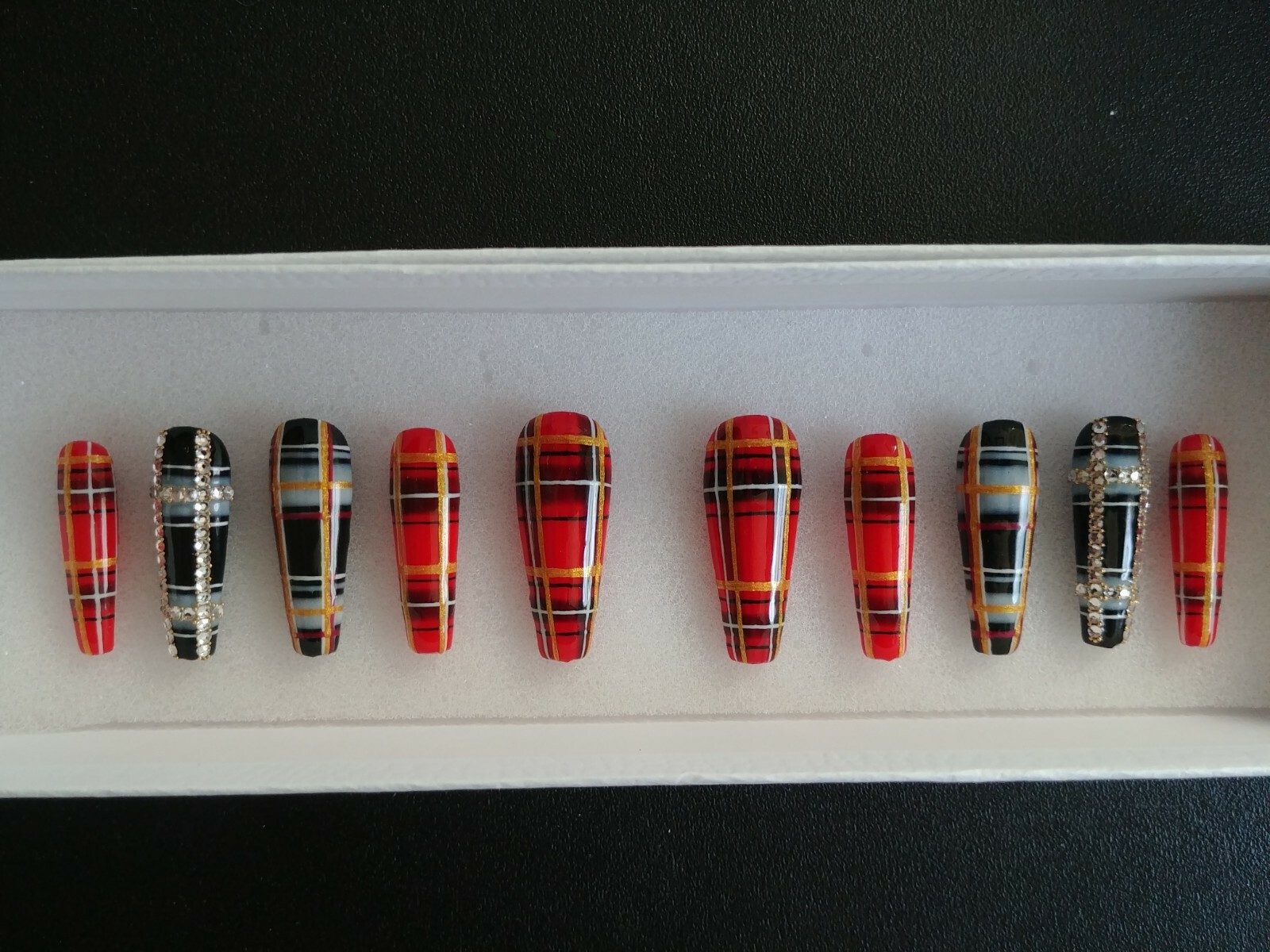 Long Ballarina Full Length Nails/ Blinged out Tartan design